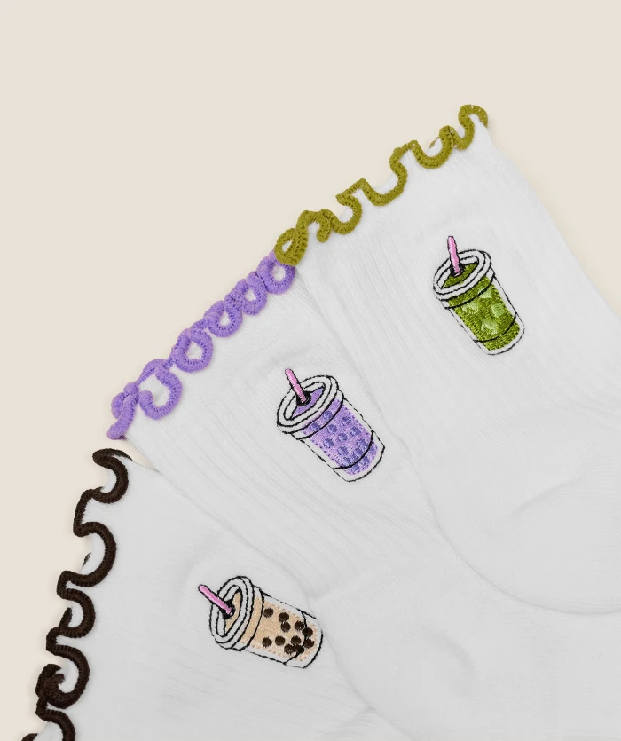 CHOOYOU Frilled Trim Boba Tea Embroidered Cotton Crew Socks suppliers